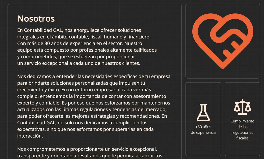 Sección acerca de Contabilidad GAL con su experiencia y forma de trabajo