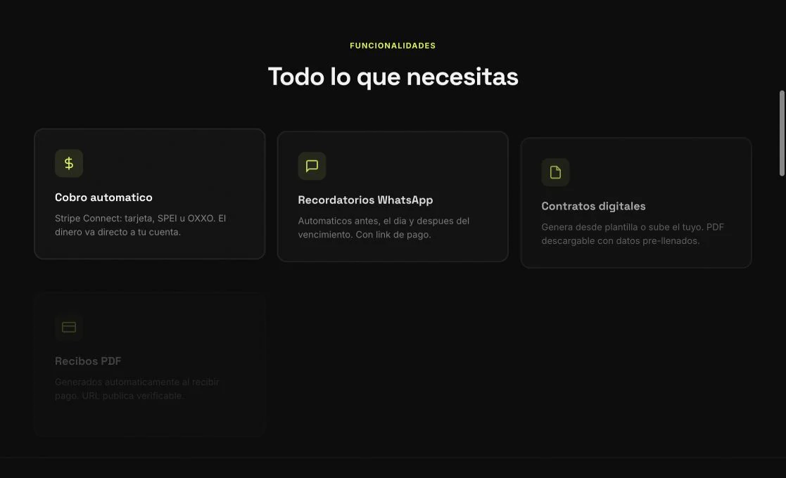 Vista de funcionalidades de Rentora para propiedades, inquilinos, pagos y contratos