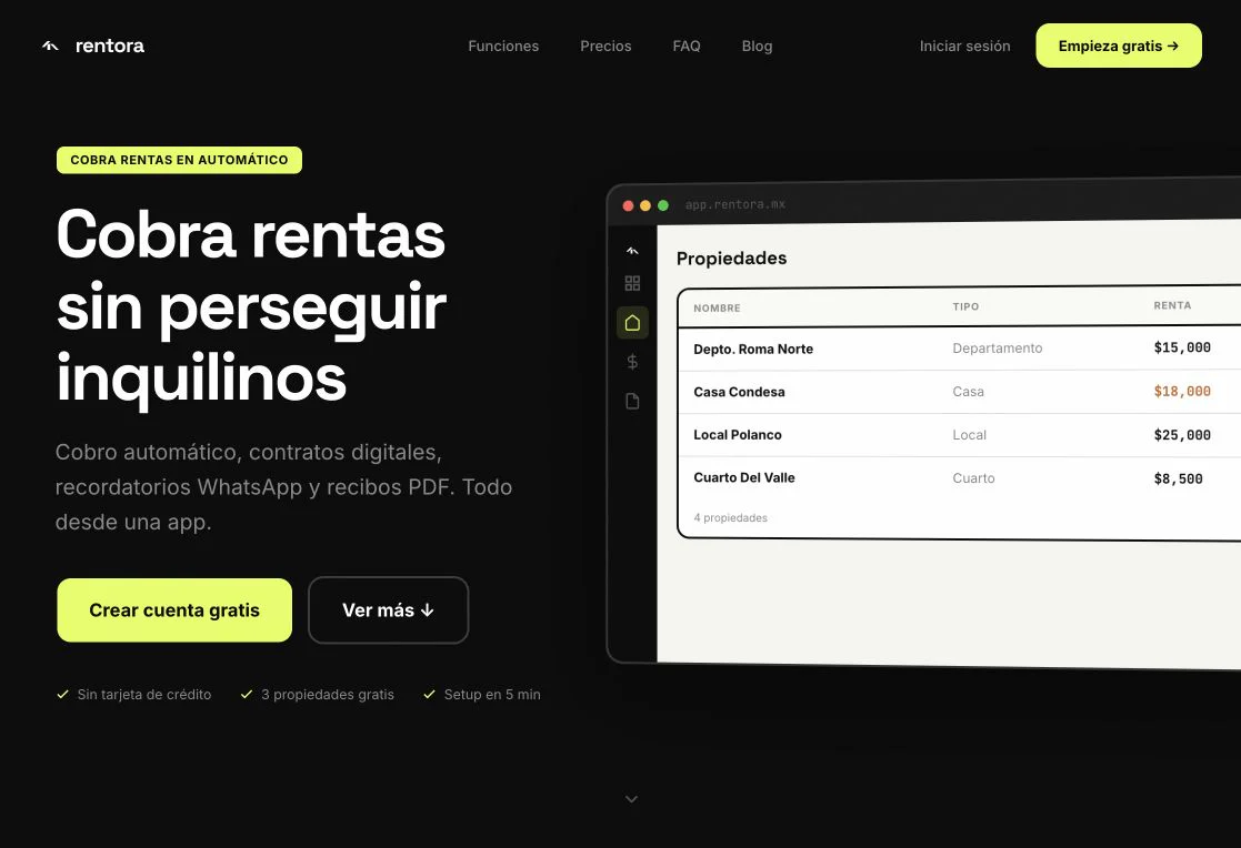 Tablero de Rentora con la operación de rentas, pagos y propiedades activas