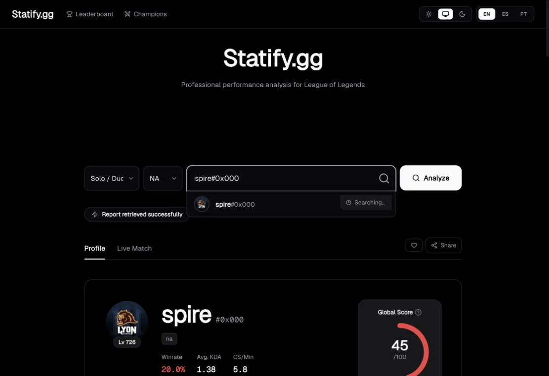Statify search and League of Legends player profile overview