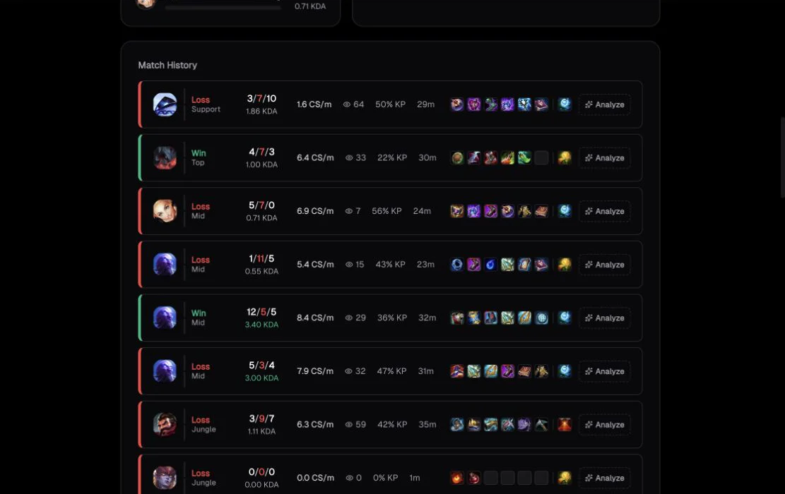 Statify match history with champions, results, and match statistics