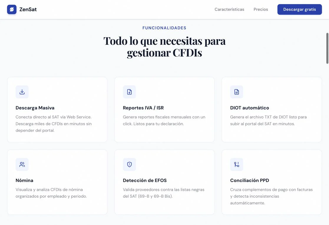 Página de ZenSat que explica las descargas y el procesamiento local