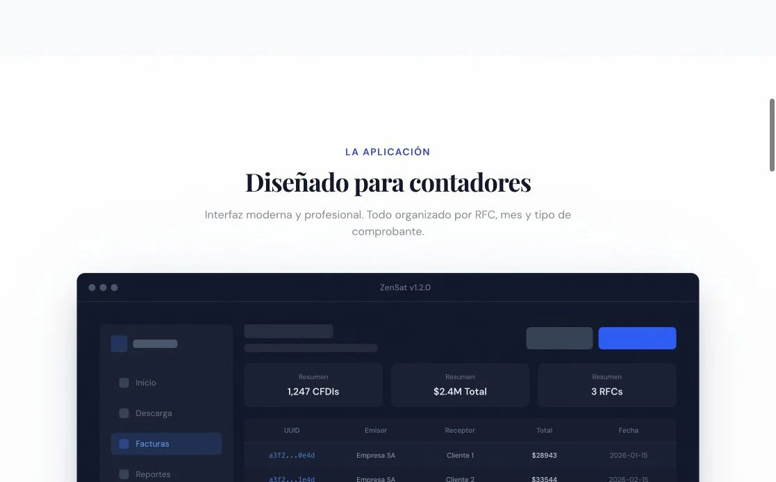 Mapa de funciones de ZenSat para facturas, reportes, nómina y conciliación
